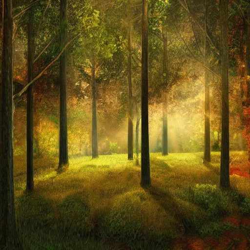 Image similar to a clearing in a forest, digital art, highly detailed, realistic, bright colors, 8 k