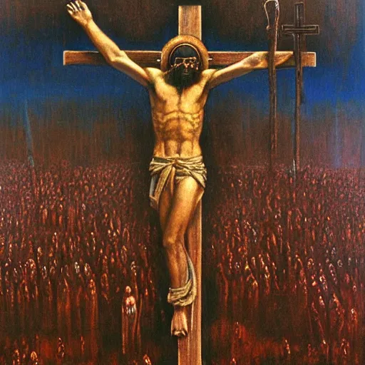 Image similar to the crucifixion of jesus in times square, beksinski style painting, very detailed