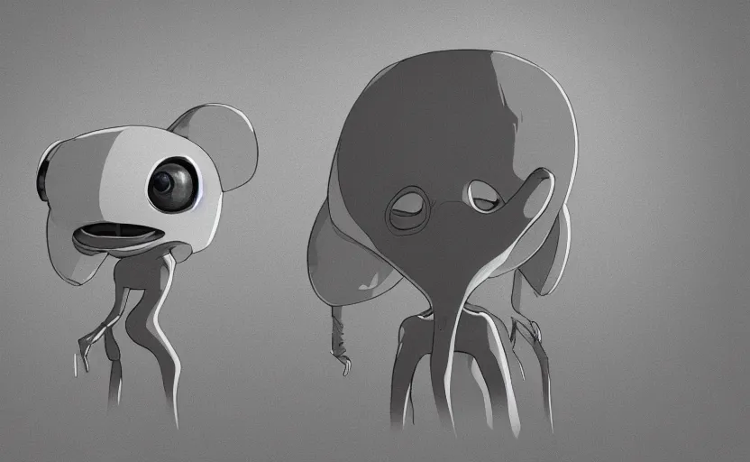 Prompt: cell - shaded cartoon of a miniature alien creature. 1 9 7 0 s science fiction, moody, misty, depth perception, 4 k, artstation, in the style of studio ghibli