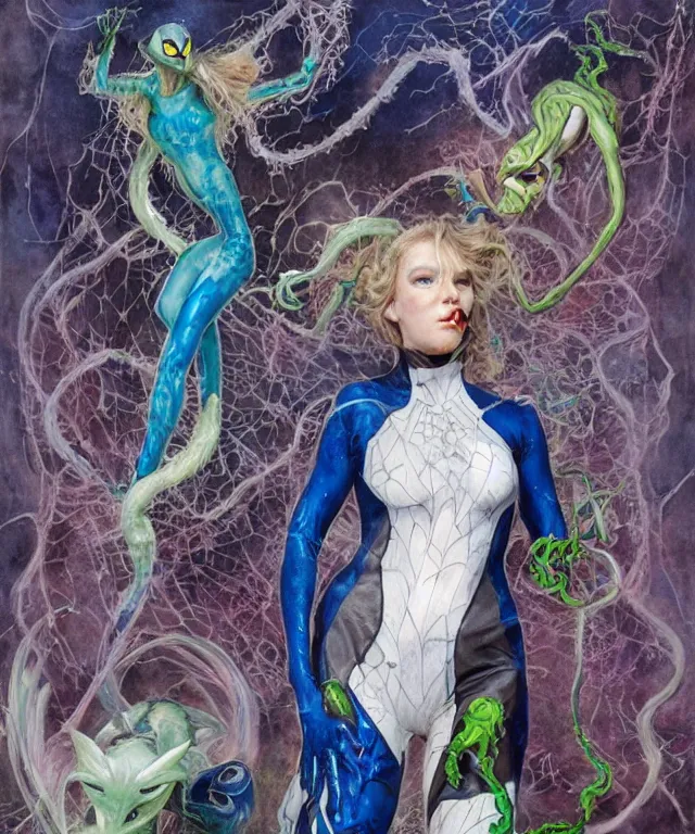 Prompt: a portrait photograph of spider gwen as a mutated harpy super villian with slimy amphibian blue skin. she is wearing a colorful living organic infected catsuit with tendrils and slime. by donato giancola, hans holbein, walton ford, gaston bussiere, peter mohrbacher and brian froud. 8 k, cgsociety, fashion editorial