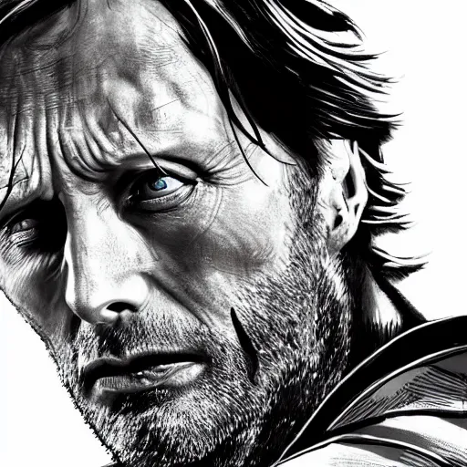 Prompt: mads mikkelsen as a wolverine from marvel's the x - men, grim facial expression, high medieval fantasy, full color digital art, cinematic shot, portrait, wide shot.