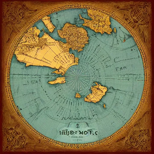 Image similar to cartography map art, flat earth, highly detailed, vintage typography