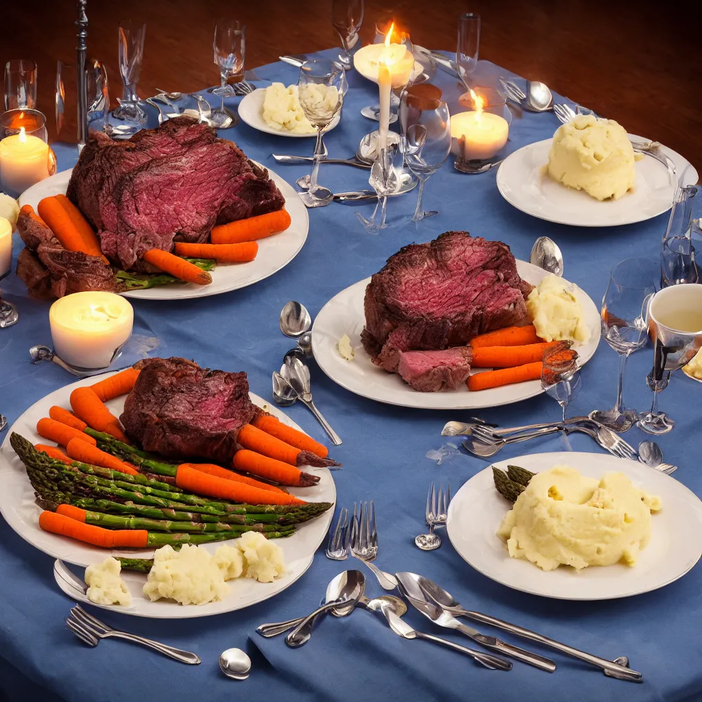 Image similar to product shot of a five - star dinner with prime rib, asparagus, mashed potatoes and gravy, and steamed carrots with blue table cloth and lit candles in ornate silver candlesticks, ultra - realistic, photo realism, professional photograph, extreme detail, deep focus, laser sharp, volumetric lighting, atmospheric, five - star, luxury, elite