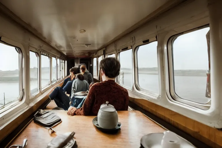 Image similar to Inside the train, some people are sitting, the train is sailing on the water, the windows are fluttering with transparent gauze curtains, the sun shines in, fog and swans over the river, indoor scene, cinematic, 8k, masterpiece, light effect, ue5, photoshop