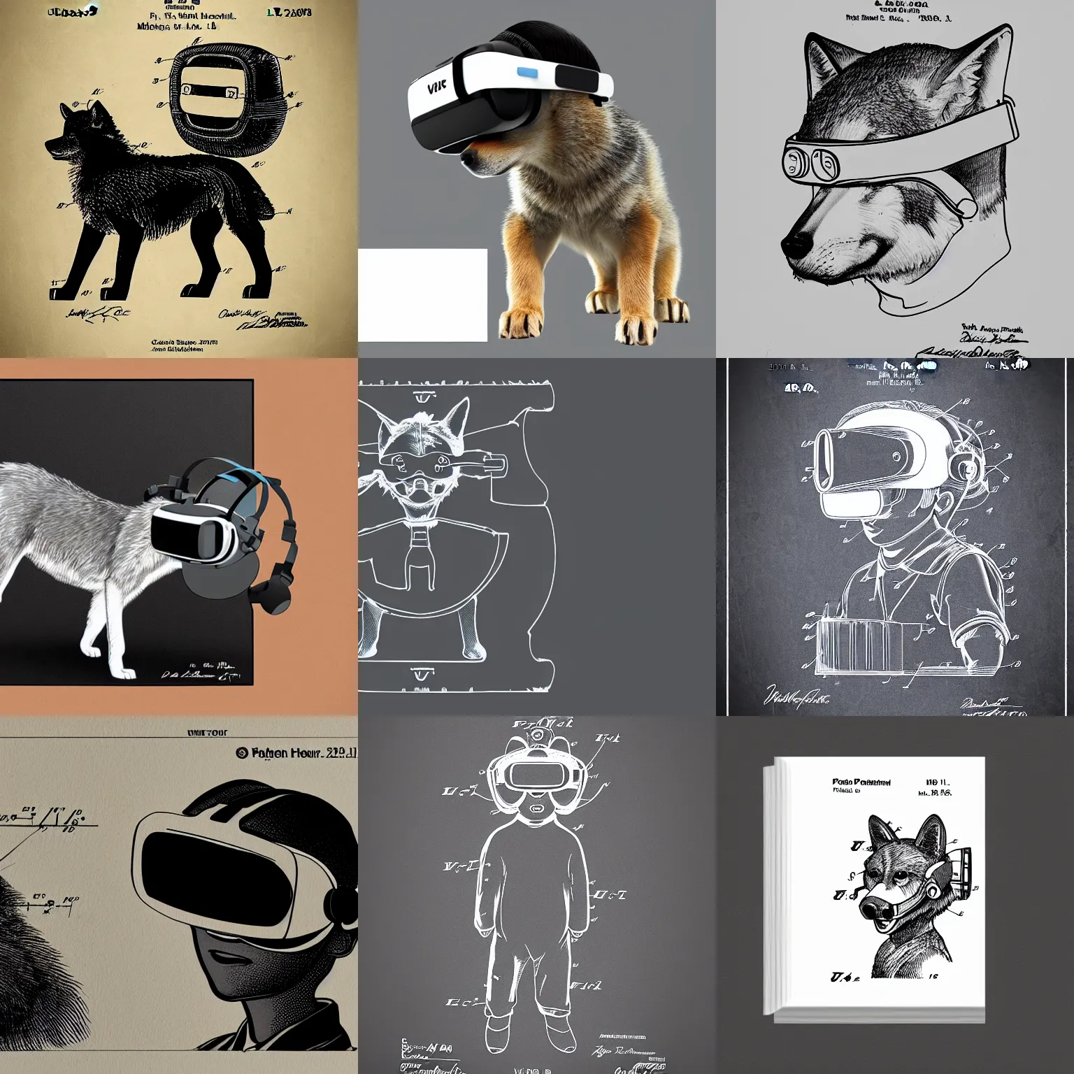 Prompt: patent drawing of a wolf cub wearing a VR headset