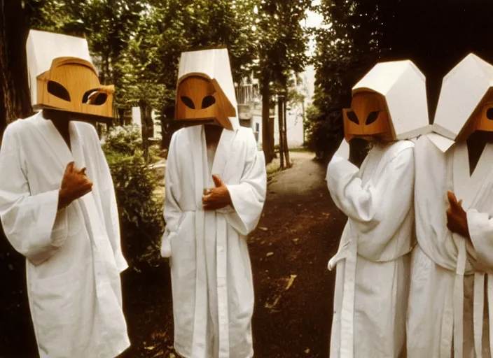 Prompt: realistic photo of the people wearing white robes in wooden birds masks made of wood 1 9 9 0, life magazine reportage photo