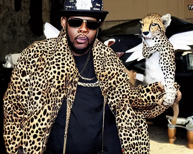 Prompt: cult worship of a angel pimp. the pimp is swagged out to the max. the pimp is wearing a cheetah. he loves the cheetah. he is the cheetah's actual dad.