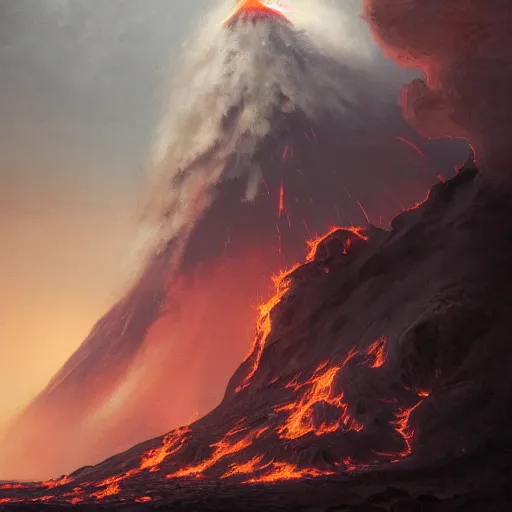 Prompt: still life painting of a staircase to an erupting volcano, by Greg Rutkowski, iceland landscape, dramatic lighting, epic, gargantuan, intricate detail, trending on artstation, 4k, 8k