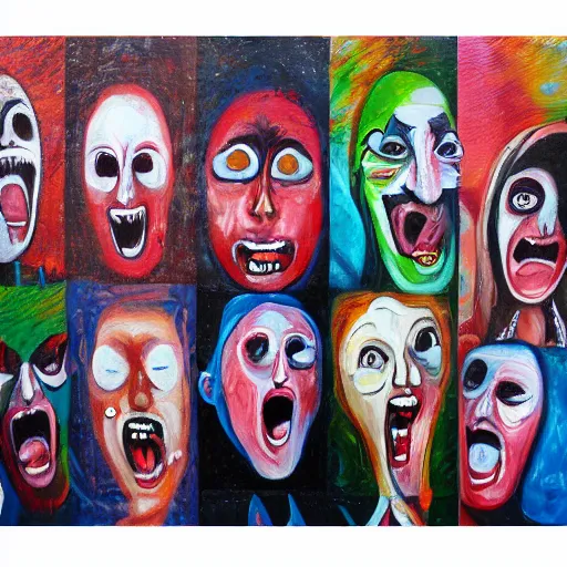 Image similar to entire canvas of painting is covered in screaming faces