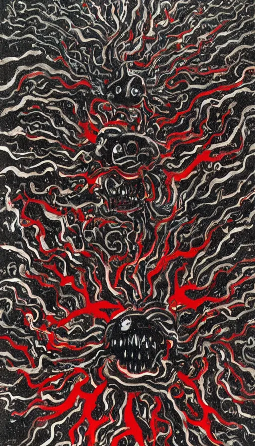 Image similar to a storm vortex made of many demonic eyes and teeth, by zeng fanzhi