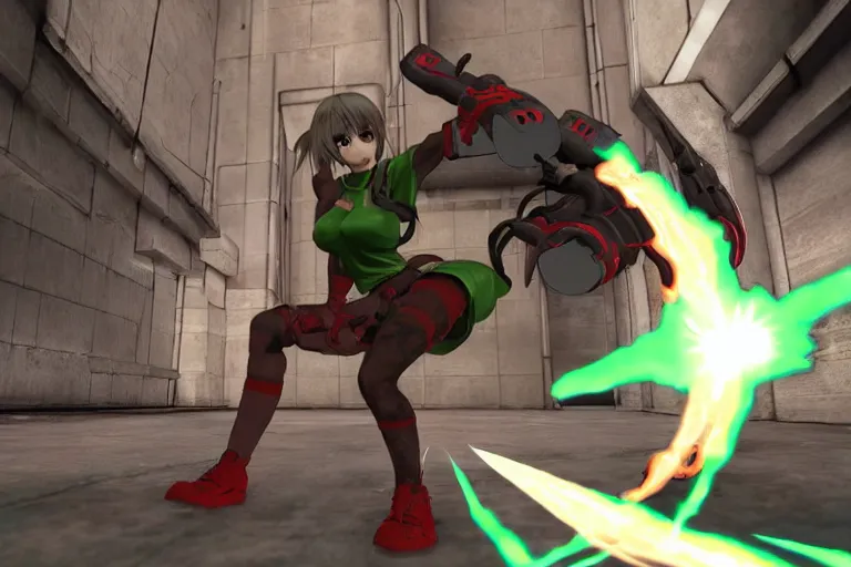 Image similar to an anime girl in a screenshot of the video game doom, the anime girl is crouching