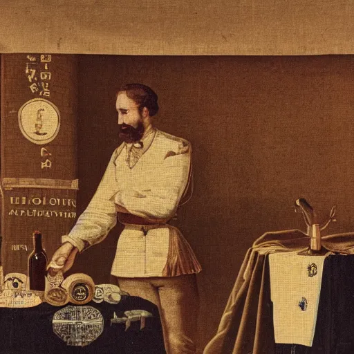 Prompt: a tapestry of a man in a uniform observing the sealing of a very important bottle of spirits
