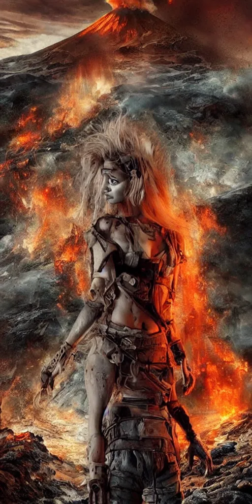 Prompt: volcano eruption post apocalyptic scene with a long haired blonde cyber girl futuristic mars mad max bladerunner stormy weather