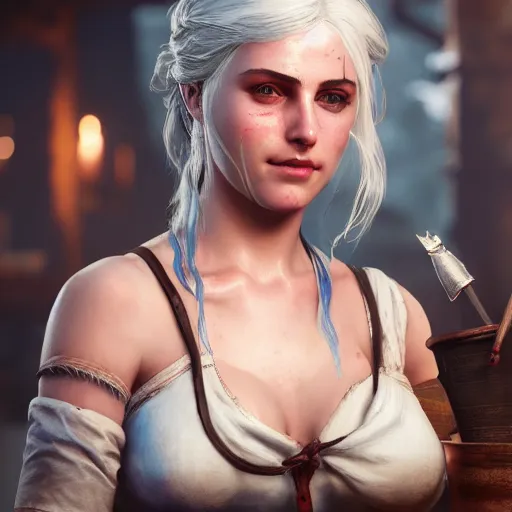 Prompt: painting of Ciri from the Witcher 3 in wooden bath, 8k, uhd