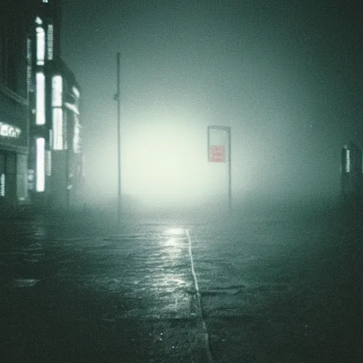 Image similar to taken using a film camera with 35mm expired film, bright camera flash enabled, cyberpunk city at night, slightly foggy, creepy, liminal space,