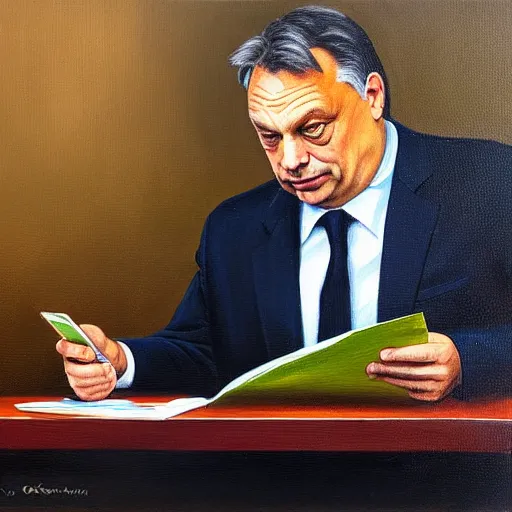 Image similar to viktor orban reading the news on a laptop in a cubicle, oil painting