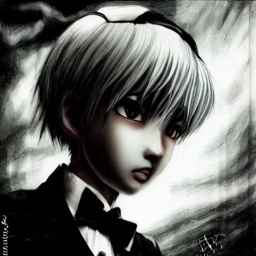 Image similar to Yoshitaka Amano realistic illustration of an anime girl with short white hair and black eyes wearing tuxedo, black and white battle background from Earthbound game, film grain effect, highly detailed, Renaissance oil painting