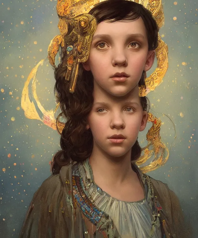 Image similar to a beautiful painting of a girl resembling millie bobby brown at the lantern festival in a an ancient egyptian town, at night with a sky full of stars, intricate, elegant, highly detailed, digital painting, artstation, concept art, by krenz cushart and artem demura and alphonse mucha