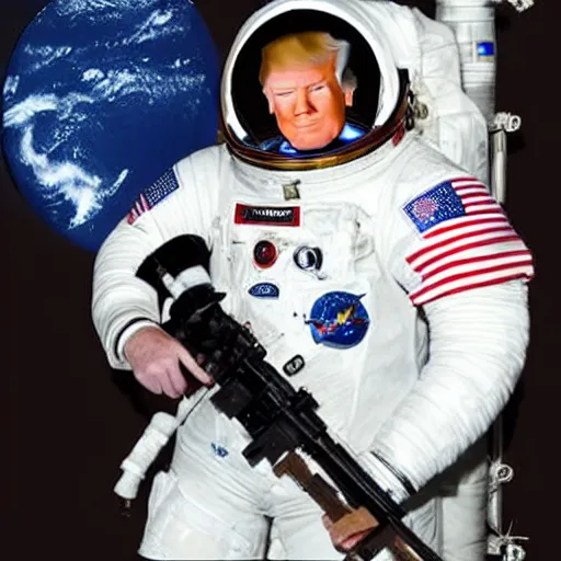 Prompt: donald trump in a space suit, holding an automatic rifle, on board the international space station. Photorealistic