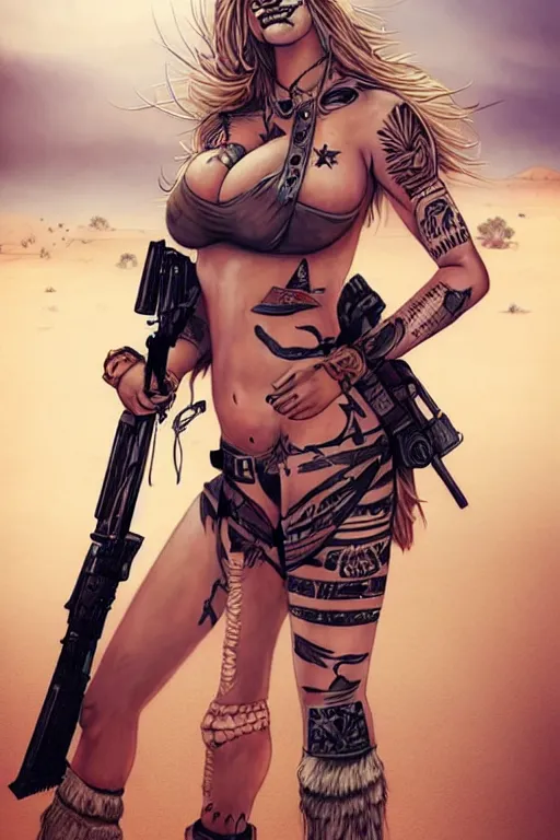 Image similar to gorgeous!! hyper - realistic woman resembling kate upton as a post - apocalyptic warrior girl with tattoos & tribal face paint, bikini + tattered military gear, holding a rocket launcher, standing in the desert | drawn by wlop, drawn by jeehyung lee, drawn by artgerm | smooth, sharp focus, intricate