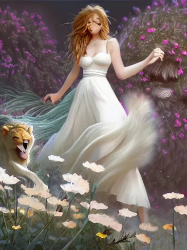 Image similar to a woman, wearing a cute white dress adorned with flowers. hugging a ferocious lion intricate, elegant, highly detailed, digital painting, artstation, concept art, sharp focus, illustration, by justin gerard and artgerm, 8 k