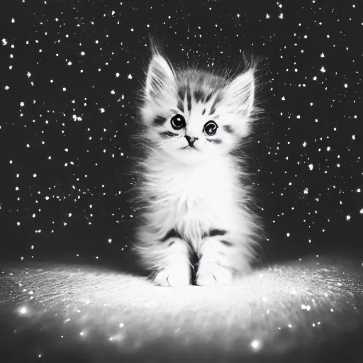 Image similar to !dream Photo of a cute extremely fluffy kitten playing with light double exposed with stars. Light painting. Bokeh. Whimsical. Magical.