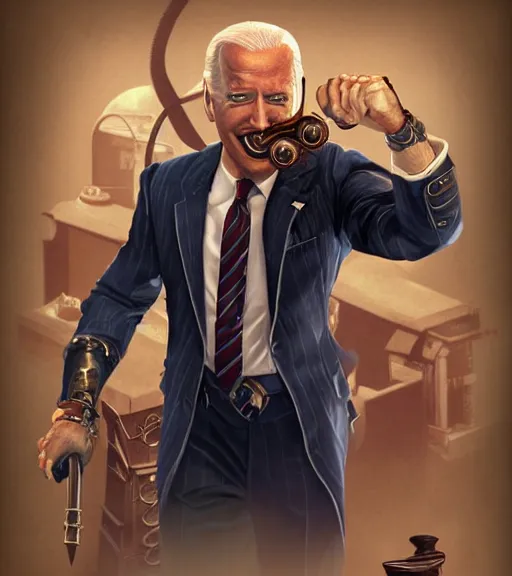 Image similar to joe biden cosplaying bioshock, by artgerm, by simon stalengrad, bioshock screenshot, photorealistic fan art, intricate shading, steampunk, patriot