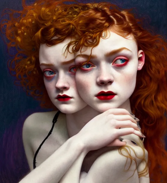 Image similar to sadie sink stunning portrait of highly details androgynous ruby rose as desire from sandman, rockabilly style, white suit and black tie,, by egon shiele and alphonse mucha, with influence of jeremy mann, peter lindbergh, dave mckean, maurice sapiro, and frank moth, soft lightning, highly detailed, 8 k