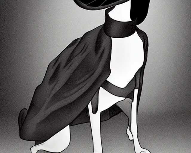 Image similar to greyhound wearing a black cloak and a top hat under a spotlight, magician dog