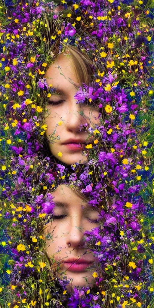 Prompt: wild flowers human face dreaming