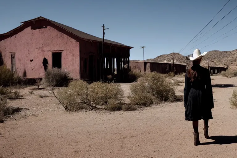 Image similar to dolores, west world, walking through an abandoned western town