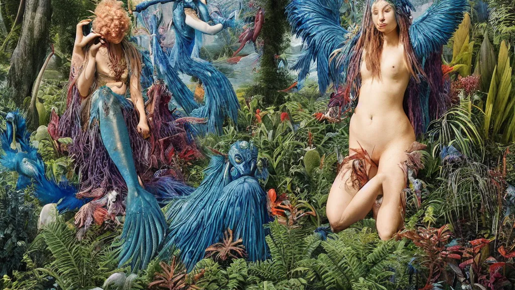 Prompt: a photograph of a grinning meditating blue harpy mermaid mutating into a savage fanged beast. surrounded by huge ferns and conifers. river delta with mountains under a blue sky full of burning stars and birds. painted by jan van eyck, max ernst, ernst haeckel, ernst fuchs and artgerm. trending on artstation, fashion editorial