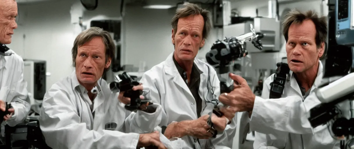 Image similar to filmic extreme close up shot movie still 4 k uhd interior 3 5 mm film color photograph of two scientists lance henriksen and bill paxton arguing and yelling in a lab in antartica