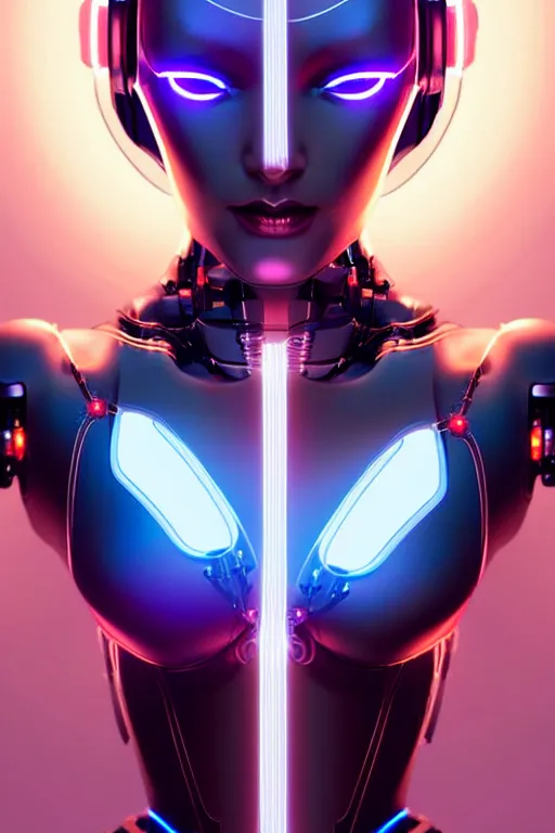 Image similar to a stunning robot woman with cybernetic enhancements, wires, led lights, glowing lights, futuristic, by artgerm and wlop and bosch