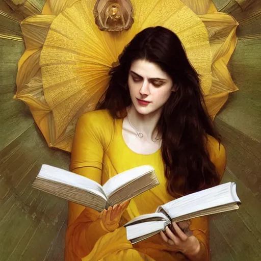 Image similar to a smiling alexandra daddario wearing a yellow dress and reading a book, masterpiece, intricate, elegant, highly detailed, digital painting, artstation, concept art, smooth, sharp focus, illustration, art by artgerm and greg rutkowski and alphonse mucha and uang guangjian and gil elvgren and sachin teng, symmetry!!