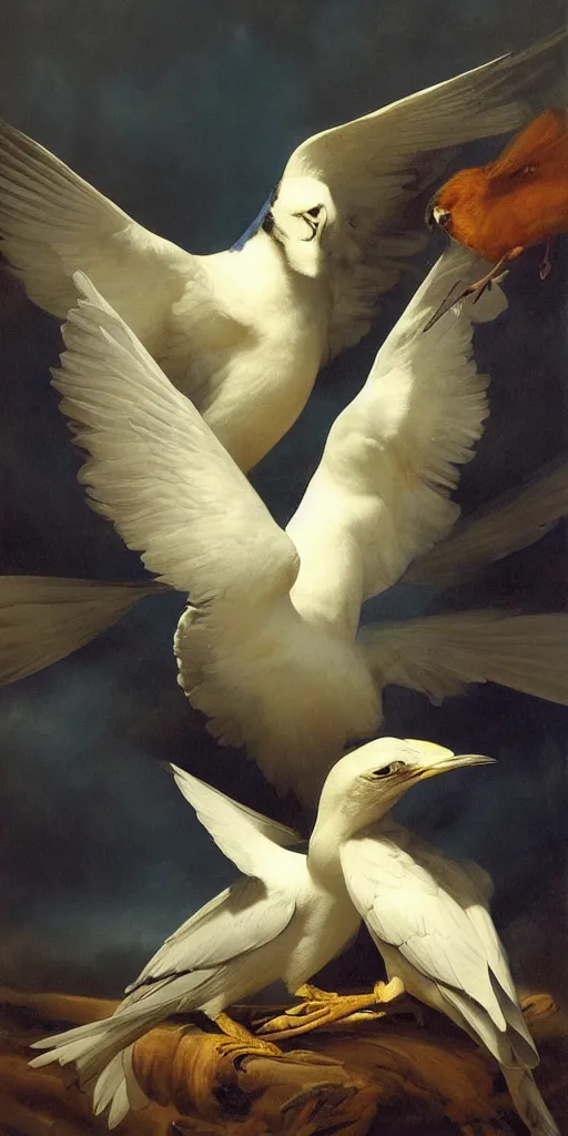 Image similar to highly detailed beautiful photography of birds, sharp focus, dramatic, dynamic, lighting, elegant, blue background, harmony, beauty, masterpiece, by roberto ferri, by durero