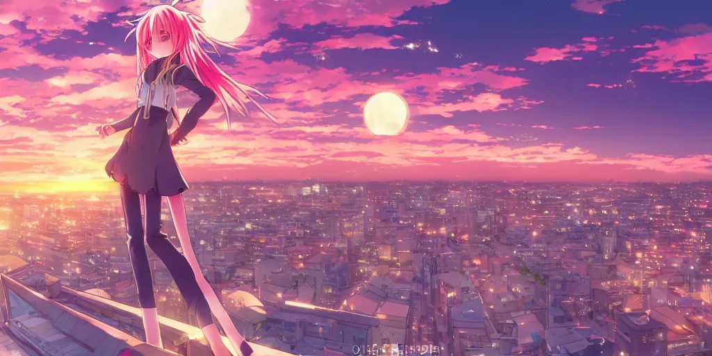 Image similar to anime art, anime key visual of a cute elegant anime girl with pink hair and big eyes, city rooftop at sunset with clouds, golden hour sunset, background blur bokeh!, beautiful lighting, high quality illustration, studio ghibli