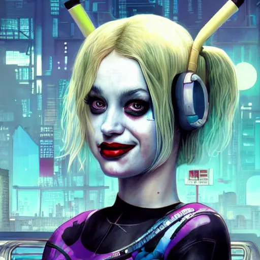 Prompt: lofi biopunk portrait of harley quinn, detailed city background, Pixar style, by Tristan Eaton Stanley Artgerm and Tom Bagshaw.