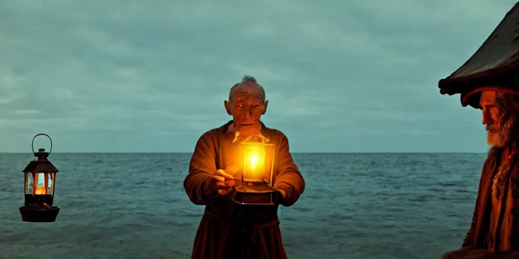 Image similar to film still of closeup old man holding up lantern by his beach hut at night. pirate ship in the ocean by emmanuel lubezki