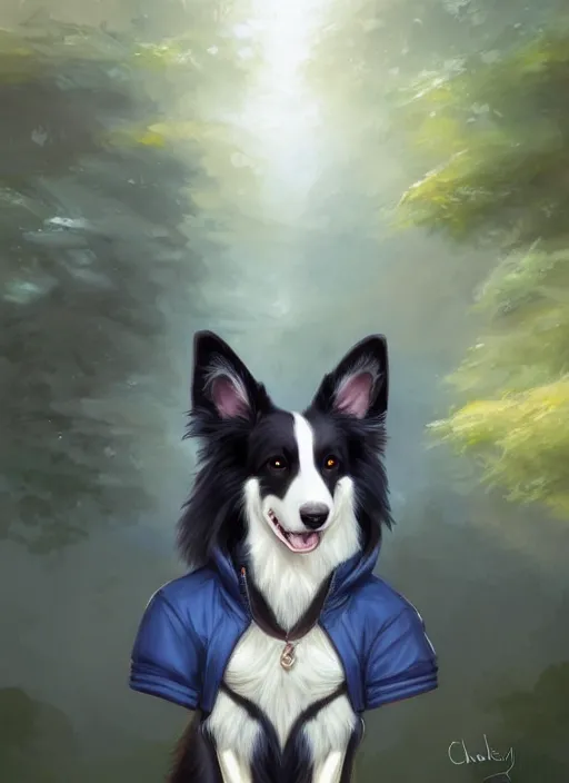 Prompt: full body digital painting of a cute male anthropomorphic border collie fursona wearing a jacket in front of a park, by charlie bowater, henry asencio, and ross tran, furaffinity, scenic background, intricate, elegant, beautiful, fantasy, highly detailed, trending on artstation