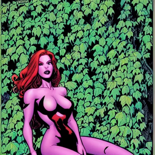 Image similar to dc comics poison ivy character sitting in a throne made of vines and trees art by frank cho, bill sienkiewicz, joe chiodo, bruce timm