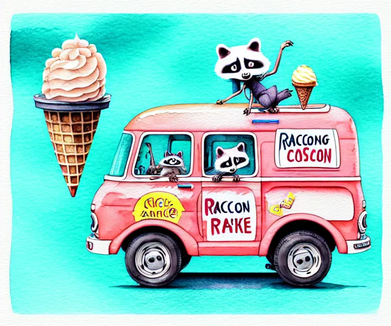 Prompt: cute and funny, racoon riding in a tiny ice cream truck with an oversized engine, ratfink style by ed roth, centered award winning watercolor pen illustration, isometric illustration by chihiro iwasaki, edited by range murata, tiny details by artgerm and watercolor girl, symmetrically isometrically centered, sharply focused