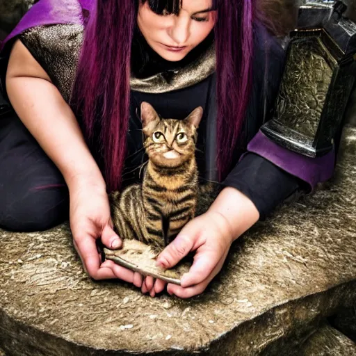 Image similar to female warlock is casting a magic spell, with a small cat by her side, d & d, fantasy, magic, award winning photography, raw,