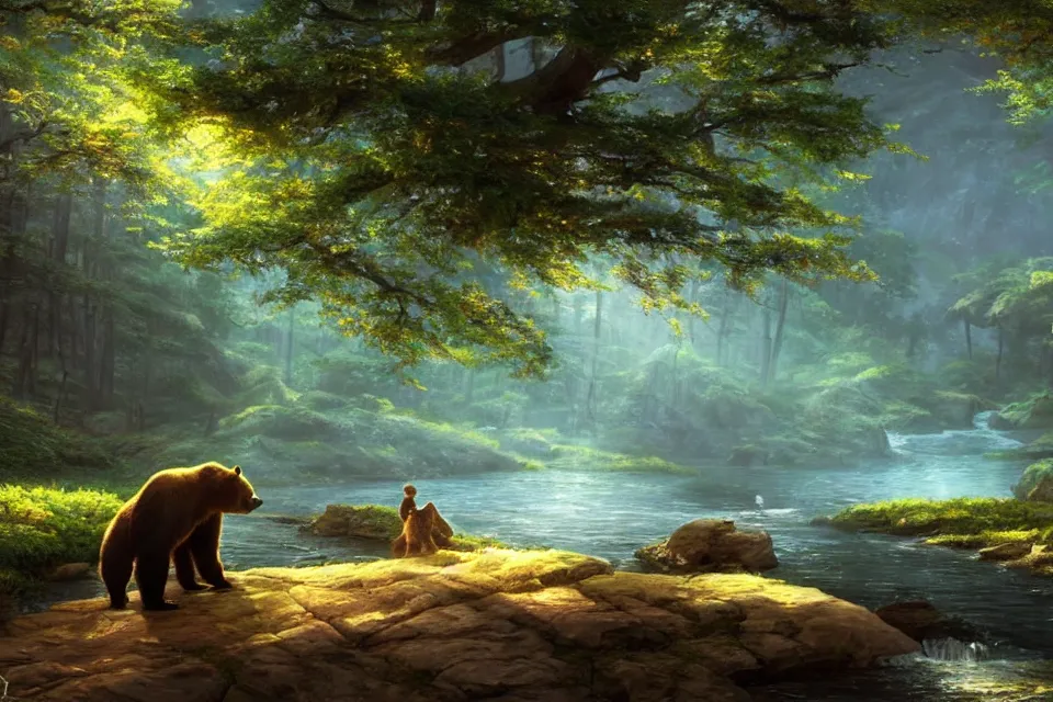 Prompt: rendering of a scene with a bear near the river by makoto shinkai and thomas kinkade, fantasy matte painting, trending on cgsociety and unreal engine, light effect, highly detailed, super wide angle