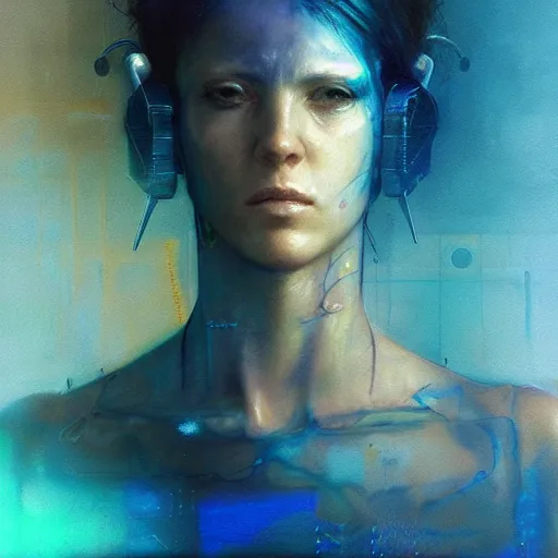 Prompt: female cyberpunk portrait by cy Twombly and BASTIEN LECOUFFE DEHARME, iridescent, volumetric lighting, blue and mustard