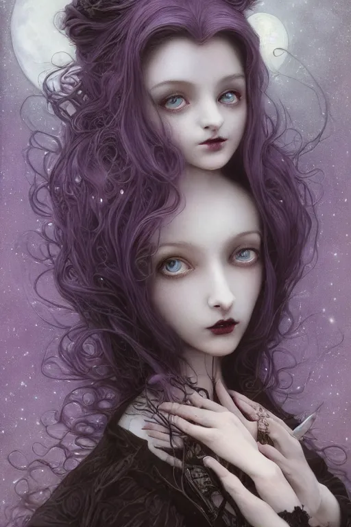 Image similar to breathtakingly beautiful painting of an elegant Gothic Lolita woman, beautiful hair, symmetrical face, moonlit purple sky, matte painting by brian froud, Shaun Tan , WLO and Peter Mohrbacher, highly detailed, intricate, ,award winning artwork, trending on artstation, high quality printing, fine art with subtle redshift rendering