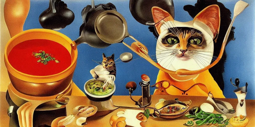 Image similar to anthropomorphic cat chef cooking a delicious colorful soup, by Salvador Dali