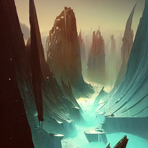 Image similar to view from a plain of a black arcology driven like a spear into the glacier, rust-colored waterfalls pouring from its upper balconies, blue radiation glow beneath, science fiction concept art by Greg Rutkowski and Moebius and Beksinski and Le Corbusier