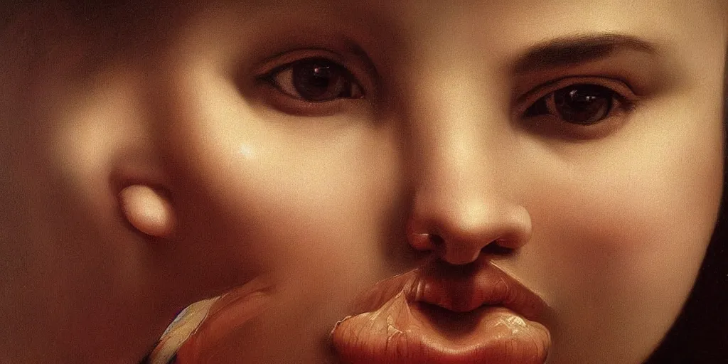 Image similar to beautiful oil matte portrait painting, eyes mouths chins cheeks, wonderful masterpiece highly detailed, beautiful cinematic light deep focus, elegant, digital painting, smooth, sharp focus, golden ratio, dramatic illumination, ultra realistic, 8 k, art by artemisia lomi gentileschi and caravaggio