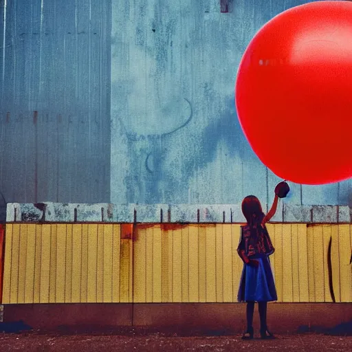 Prompt: a girl holding a balloon at a fairground. buildings with graffiti. silhouette. photograph in the style of simon stalenhag